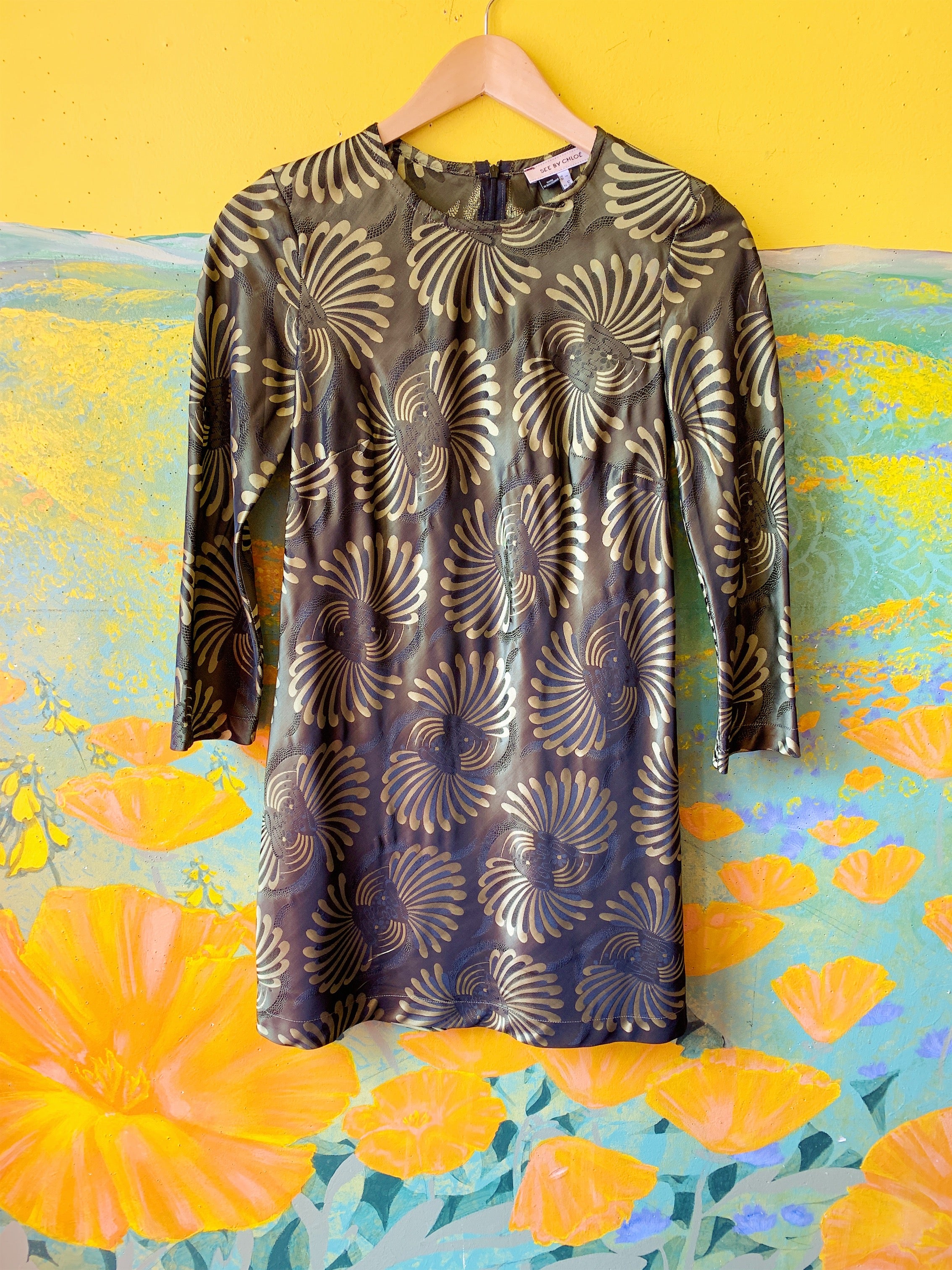 Psychedelic Metallic Olive "See by Chloé" Shift Dress. Sold exclusively at Empress Vintage in Berkeley, CA.