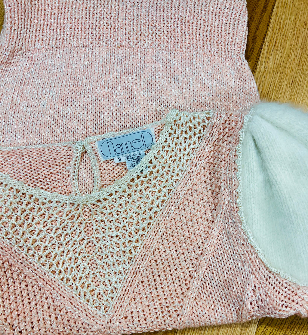 Nannell Soft Puff Sleeve Pink Angora Open Knit Sweater — vintage Nannell knit in pink