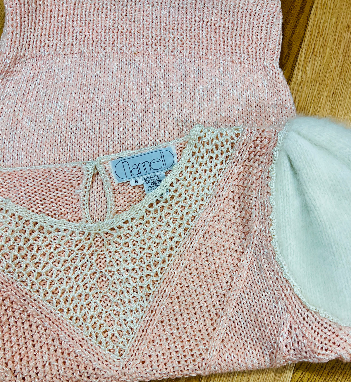 Nannell Soft Puff Sleeve Pink Angora Open Knit Sweater — vintage Nannell knit in pink
