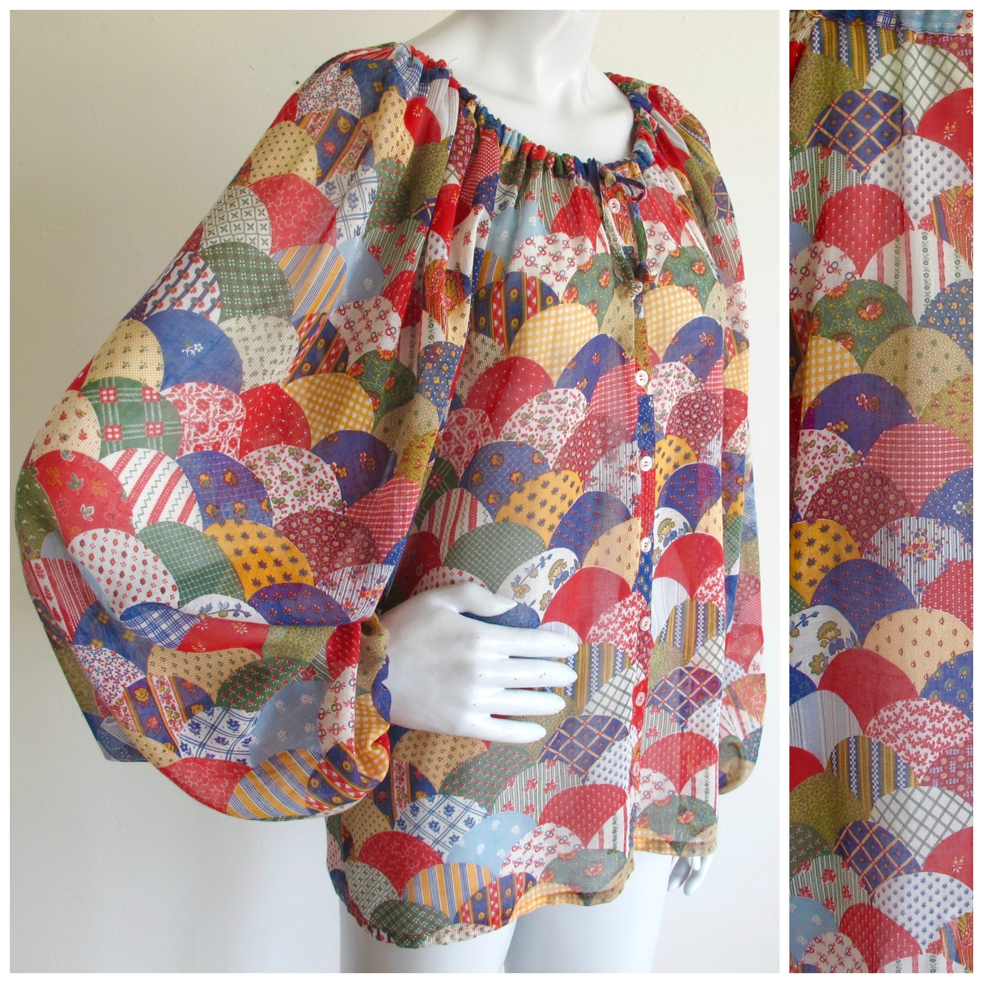 Balloon Sleeve Semi-Sheer Patchwork Print Blouse — vintage 1970s top