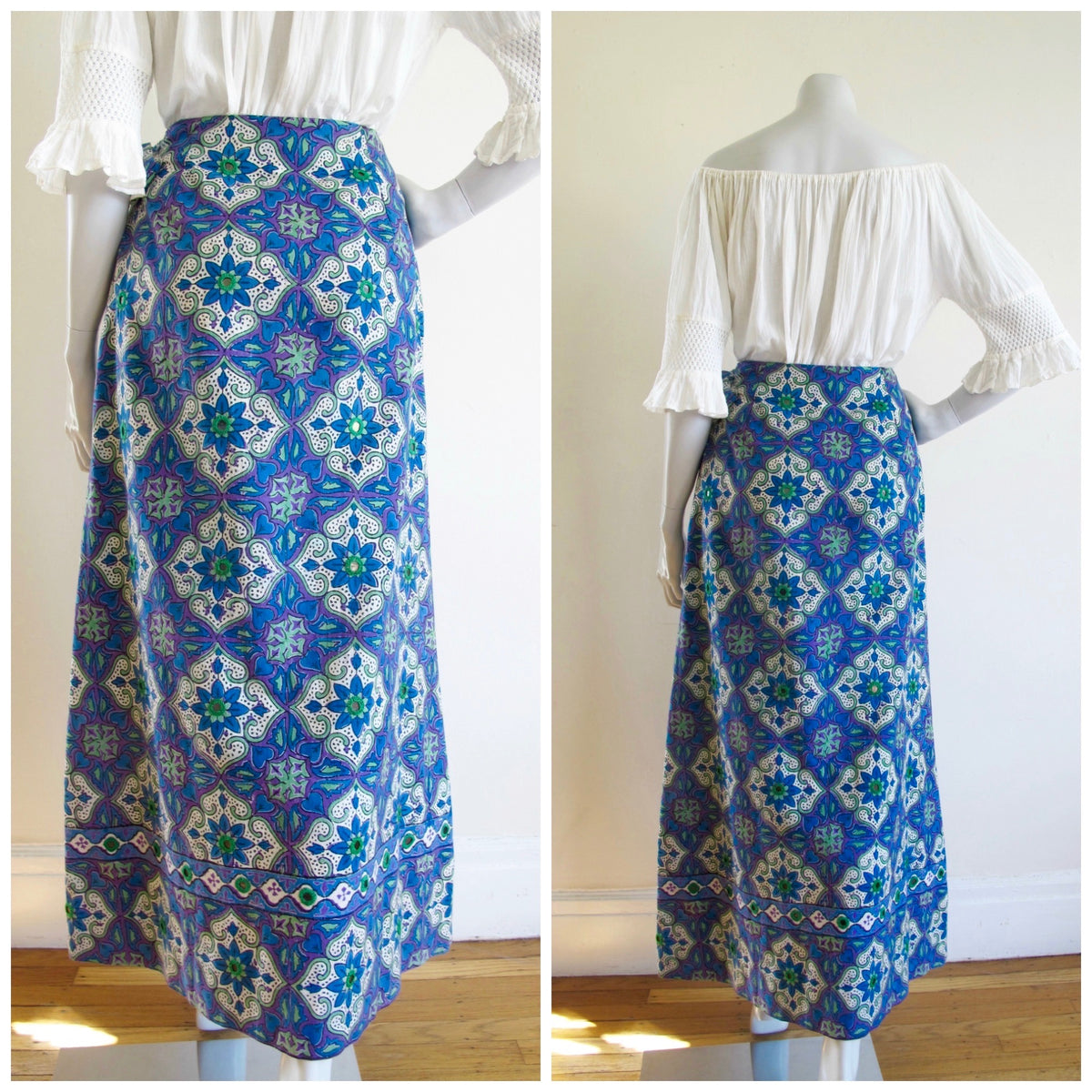 Block Print Cotton Mirrored Maxi Wrap Skirt — vintage bottoms in black, white