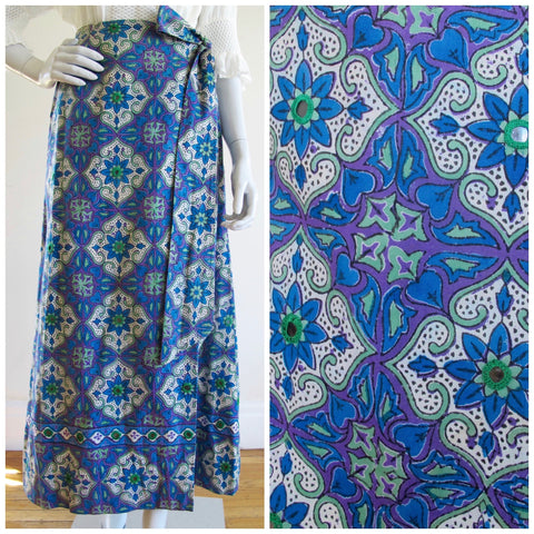 Vintage block print wrap skirt featuring mirrors and pockets on both sides.  Magical vintage from the Bay Area, California!