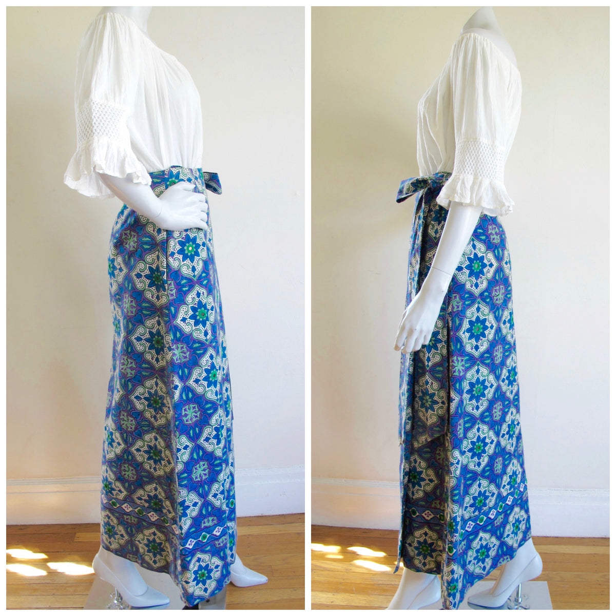 Block Print Cotton Mirrored Maxi Wrap Skirt — vintage bottoms in black, white