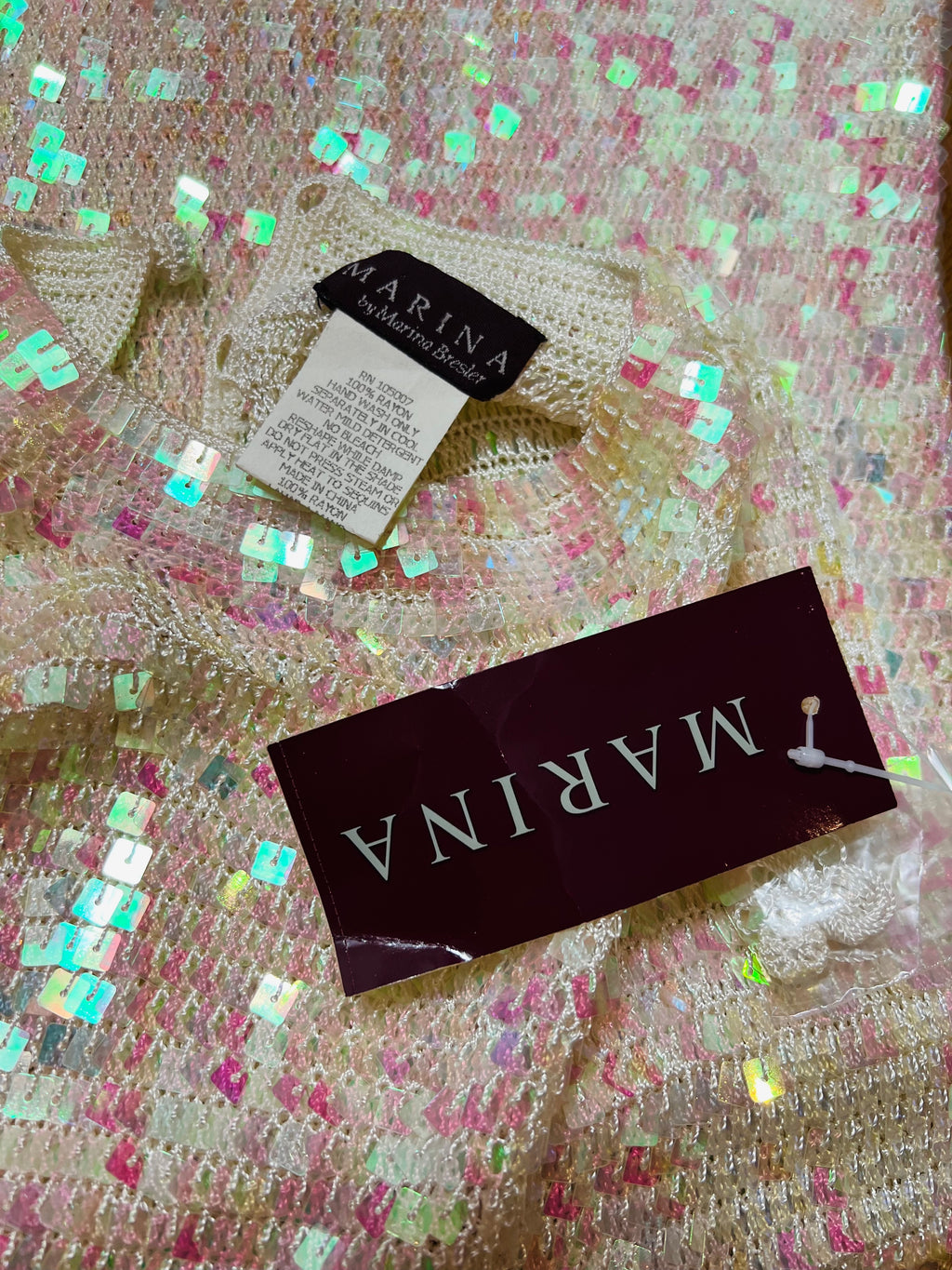 Iridescent Square Sequin White Rayon Knit Sleeveless Top — vintage Marina by Marina Bresler top in white