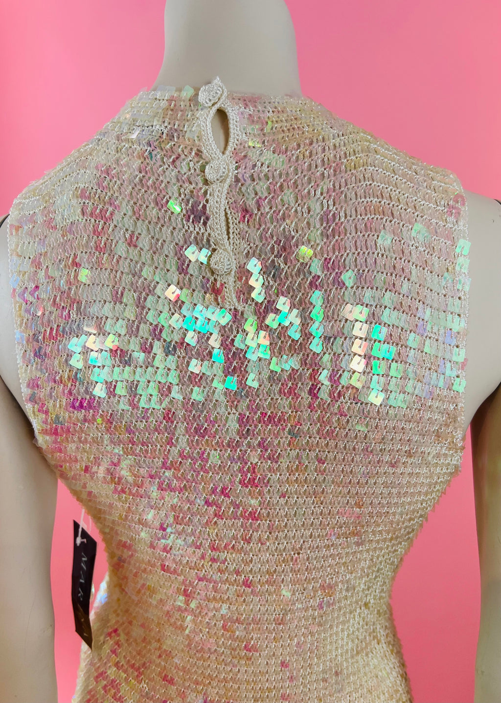 Iridescent Square Sequin White Rayon Knit Sleeveless Top — vintage Marina by Marina Bresler top in white