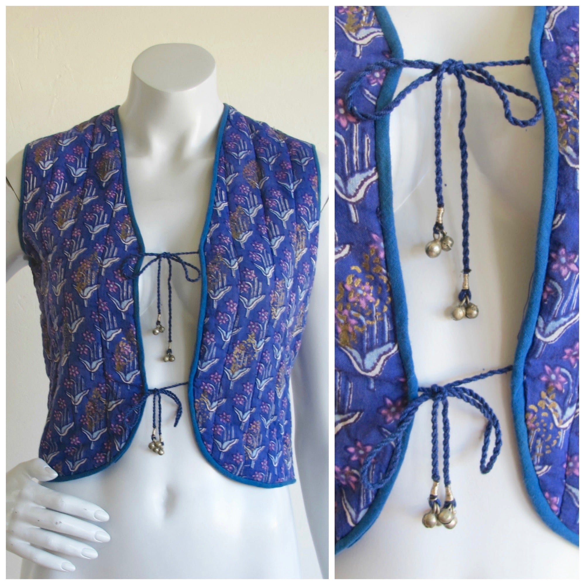 Indian Cotton Gold Painted Quilted Vest — vintage top in gold