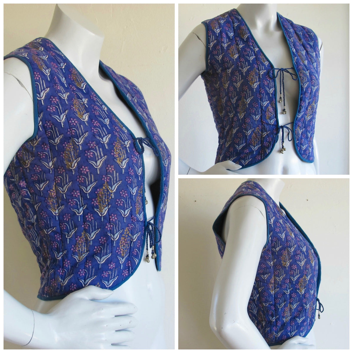 Indian cotton vintage block print quilted vest.  Made in India.  Available in California!