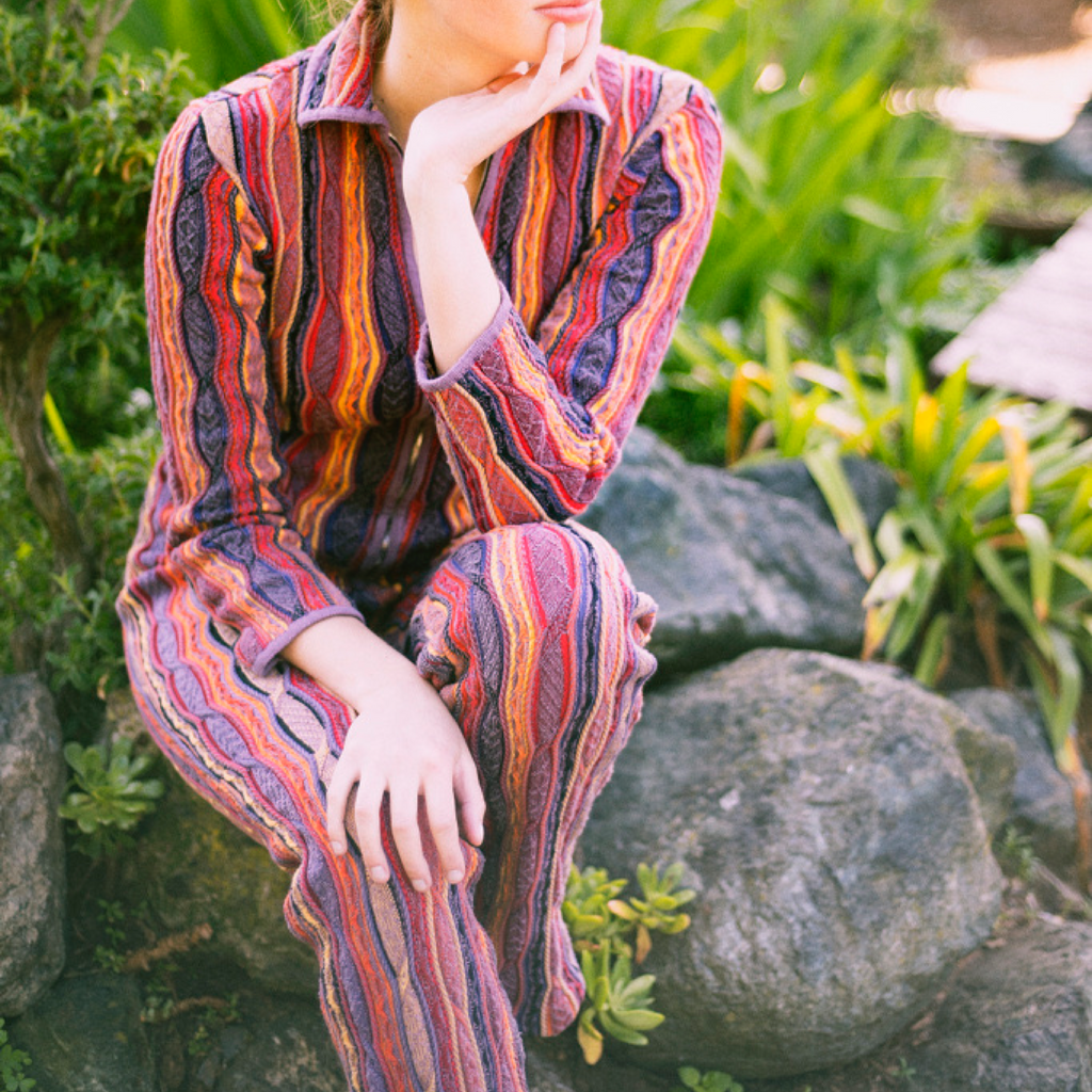 Coogi One Piece Jumpsuit — vintage Coogi set in black, orange, yellow, purple, multicolour