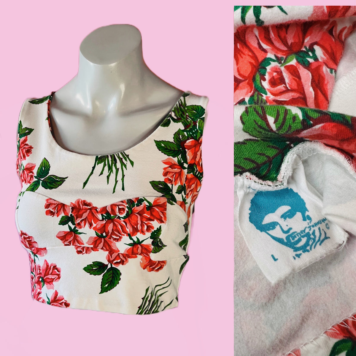 Roses Print Betsey Johnson Punk Label Crop Tank — vintage Betsey Johnson top in white, red, pink, green, blue