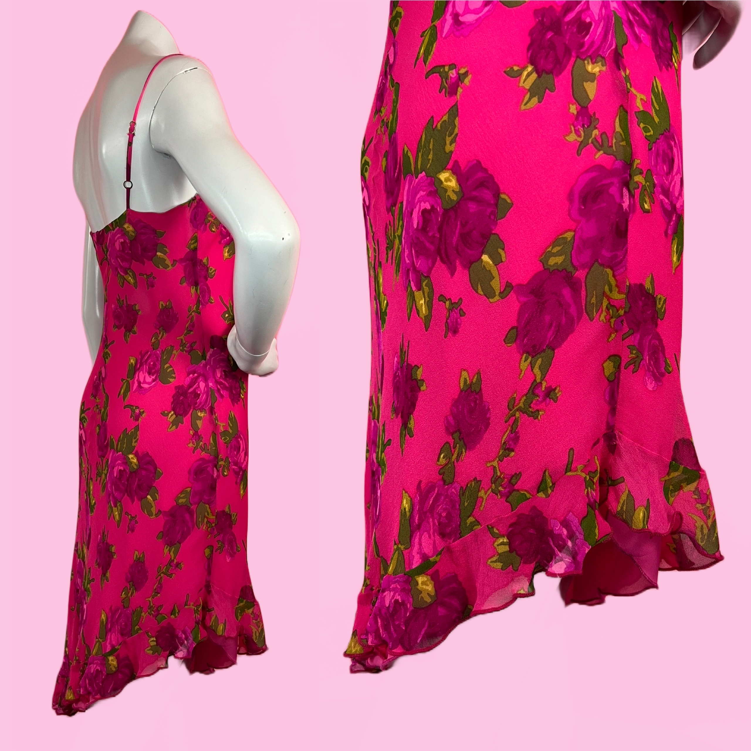 Magenta Pink Silk Rose Print Asymmetrical Hem 90s Betsey Johnson Dress — vintage 1990s Betsey Johnson dress in pink