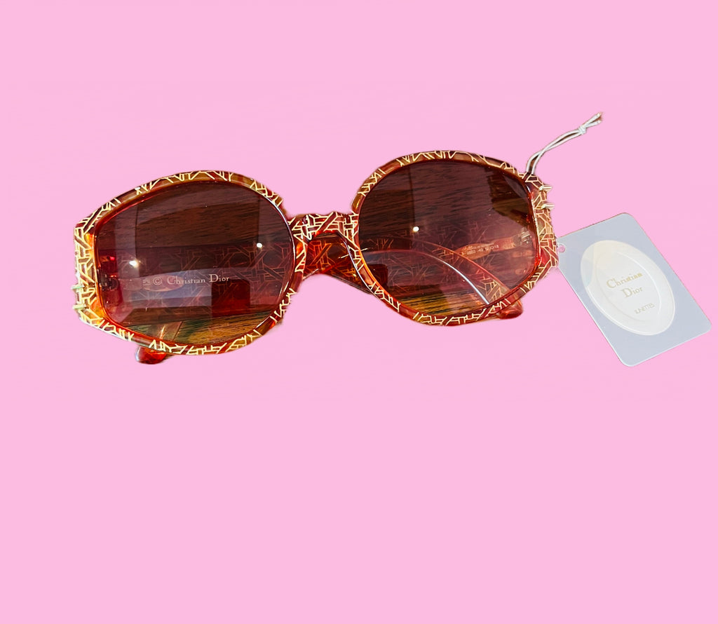 Christian Dior Cinnabar Red & Gold Basketweave Print Sunglasses — vintage 1980s Christian Dior eyewear in red, gold