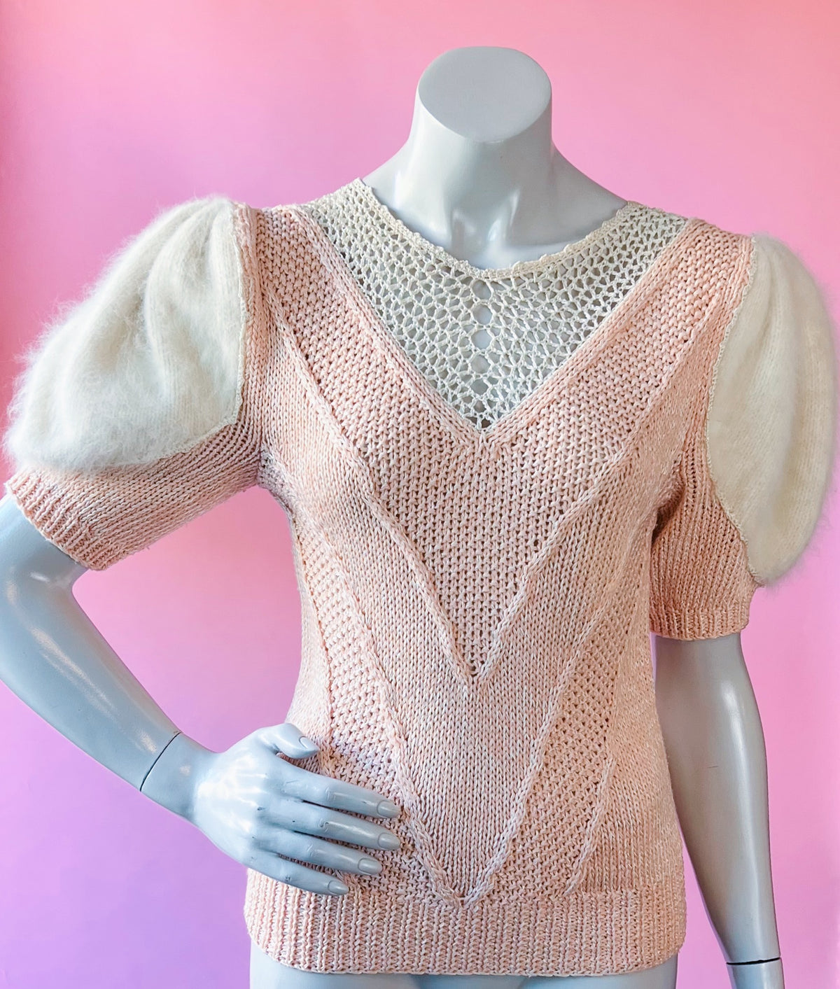 Nannell Soft Puff Sleeve Pink Angora Open Knit Sweater — vintage Nannell knit in pink