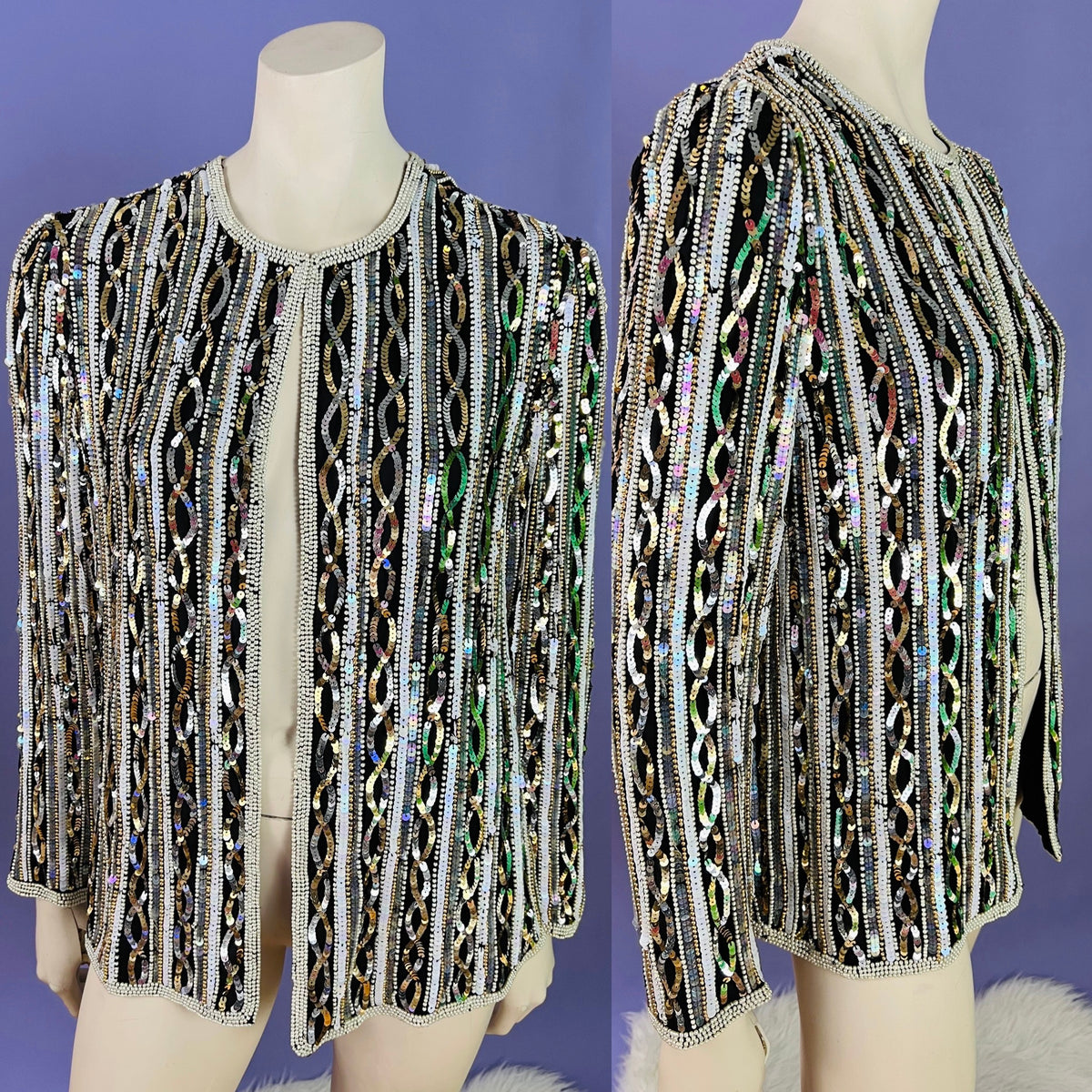 Infinity Sequin Pearl Silk Jacket — vintage Papéll Boutique Evening jacket in white, gold, silver