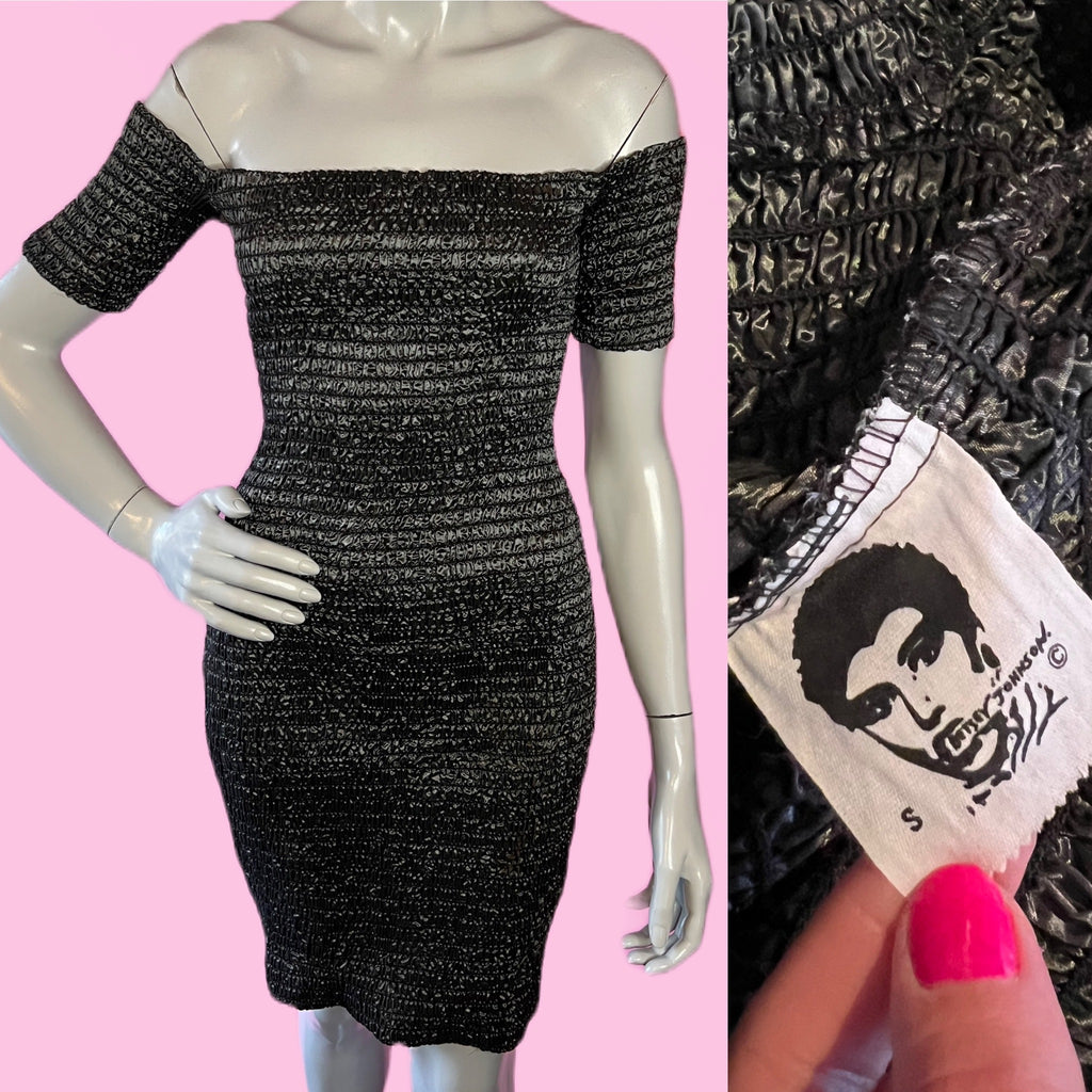 Betsey Johnson Gunmetal Ruched Punk Label Off the Shoulder Bodycon Dress — vintage Betsey Johnson dress in silver
