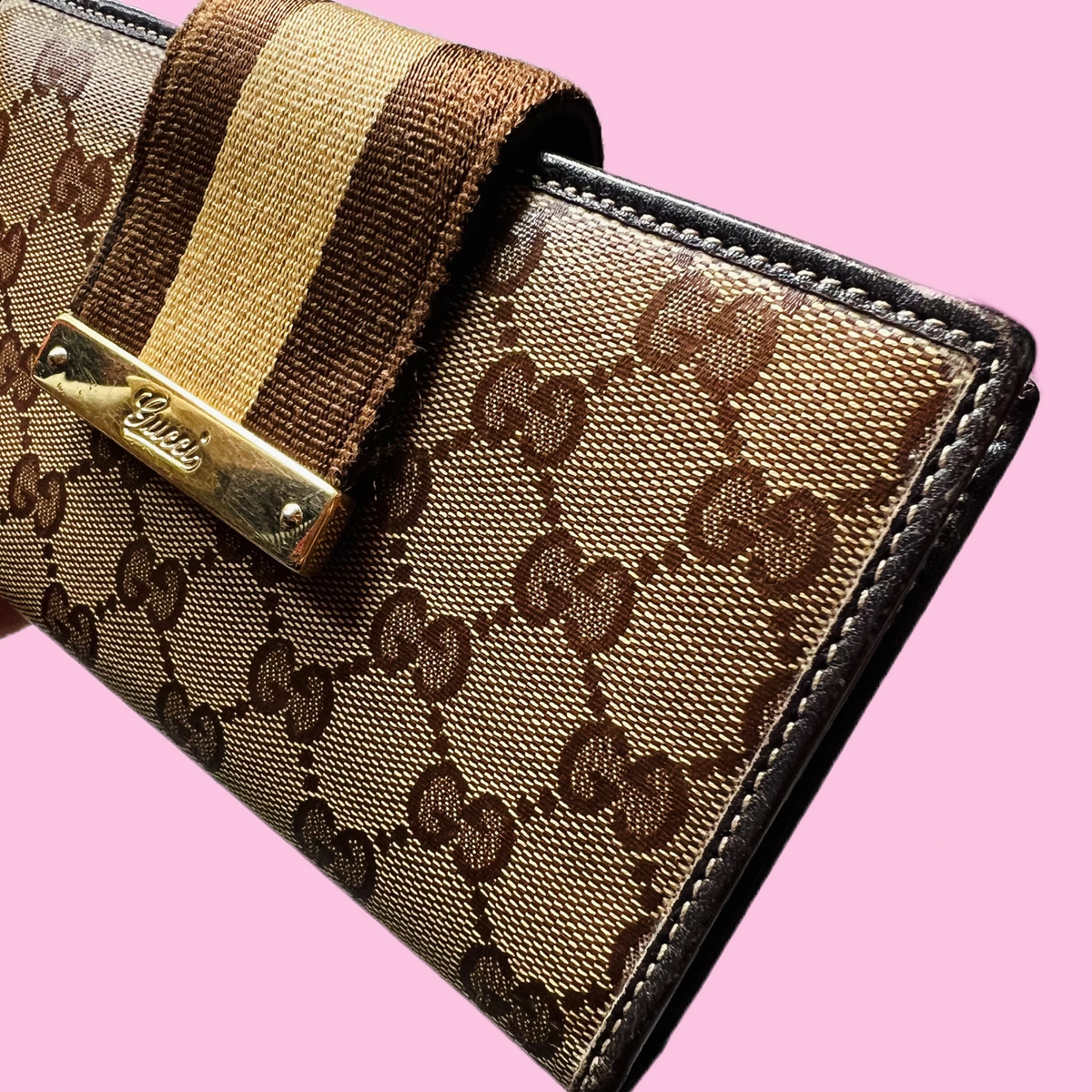 Gucci Gold & Brown Long Continental Vintage Wallet — vintage Gucci bag in gold, brown