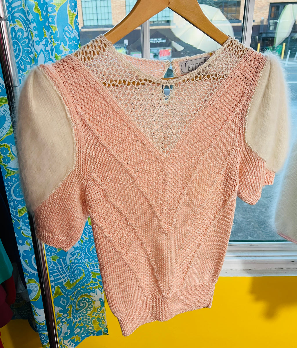Nannell Soft Puff Sleeve Pink Angora Open Knit Sweater — vintage Nannell knit in pink