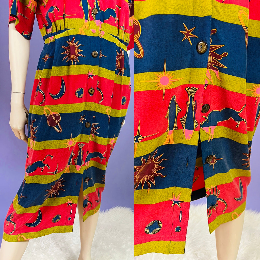 Zodiac Print Silk Dress with Pockets — vintage Gillian dress