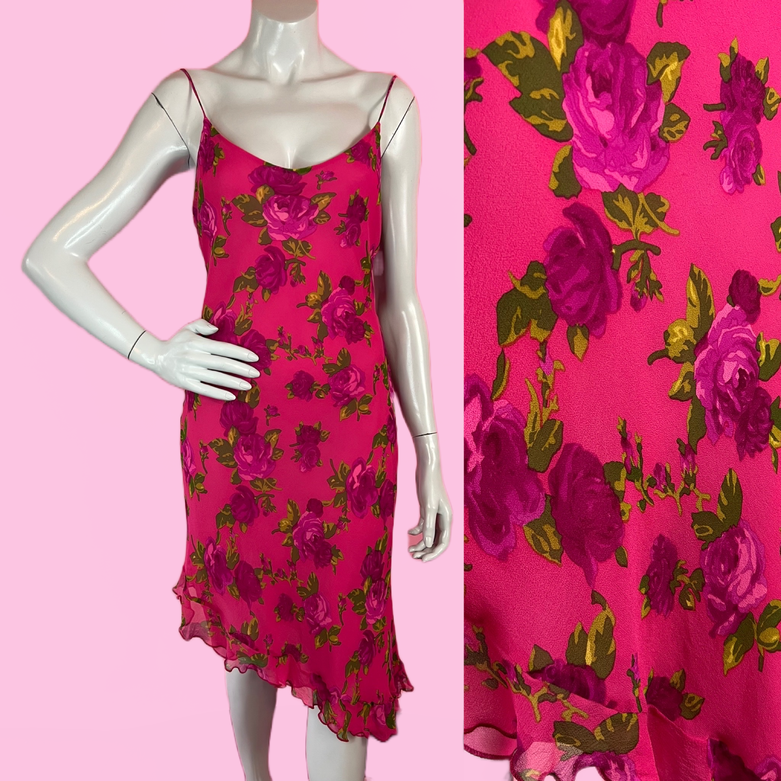 Magenta Pink Silk Rose Print Asymmetrical Hem 90s Betsey Johnson Dress — vintage 1990s Betsey Johnson dress in pink