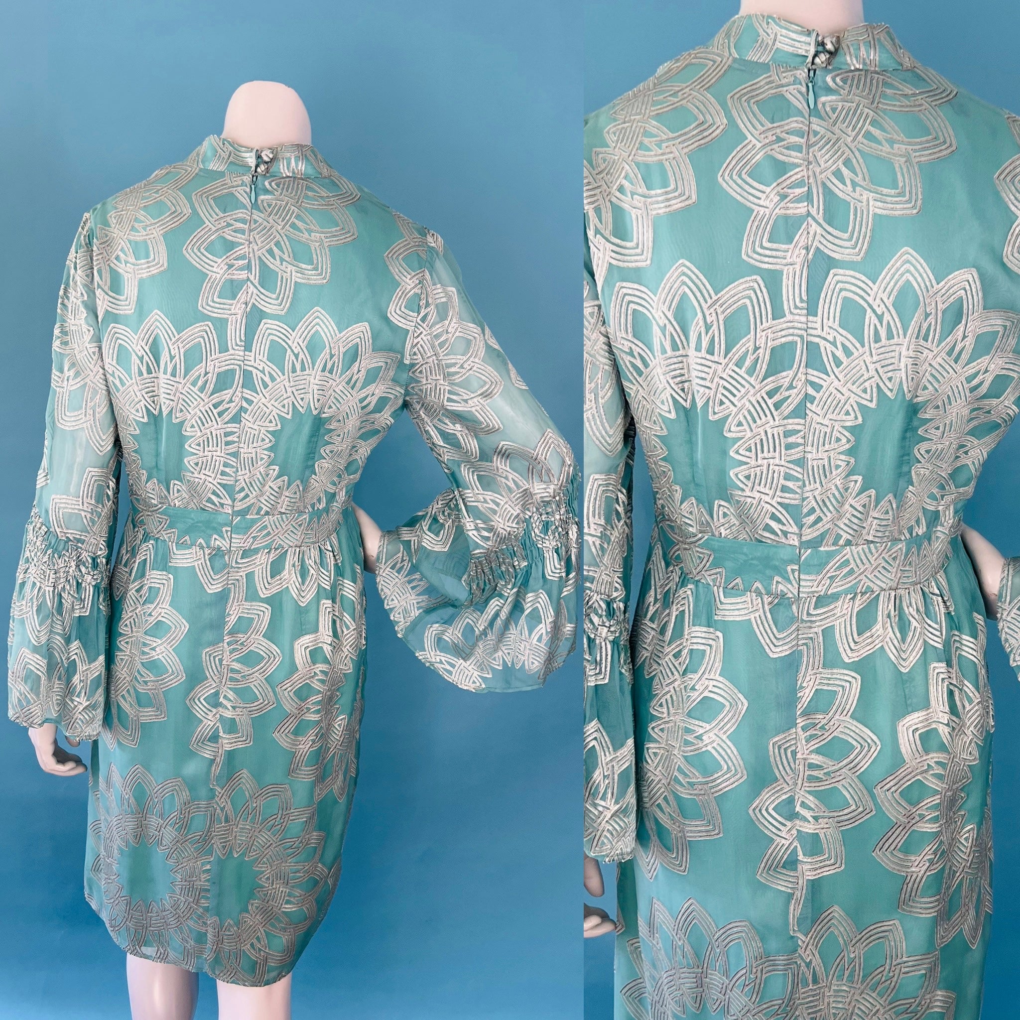 Nanette Lepore Flocked Velvet Silver & Blue Bell Sleeve Dress — vintage Nanette Lepore dress in silver, blue