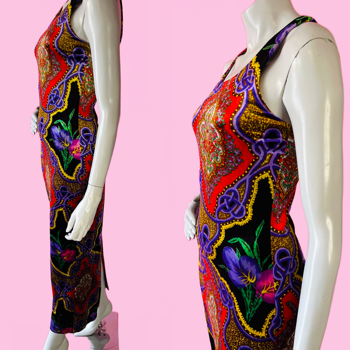 90s Betsey Johnson Rainbow Velvet Tank Maxi Dress — vintage 1990s Betsey Johnson dress in multicolour