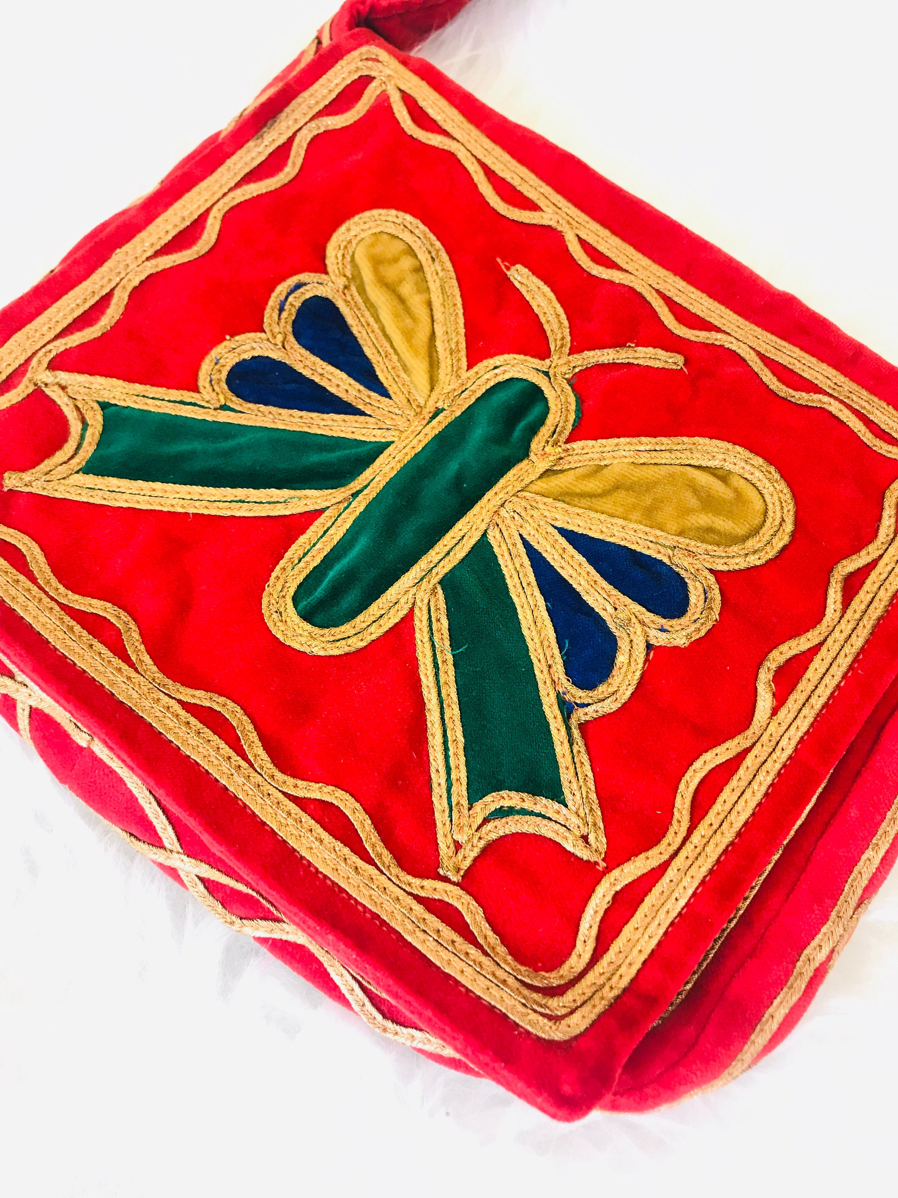 1960s/70s Red Velvet Butterfly Embroidered Handbag — vintage 1960s bag in red