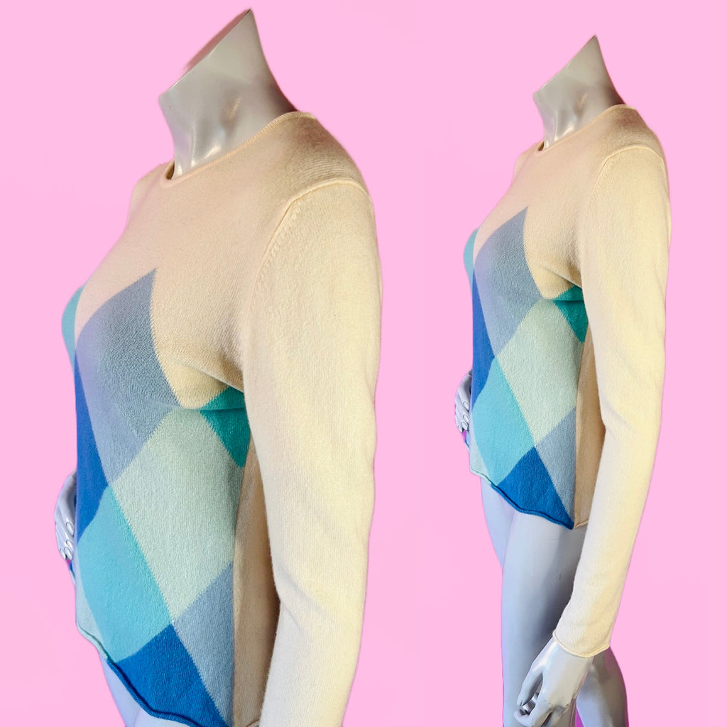 Wilkes Bashford Pure Cashmere Argyle Sweater — vintage Wilkes Bashford top in ivory, blue