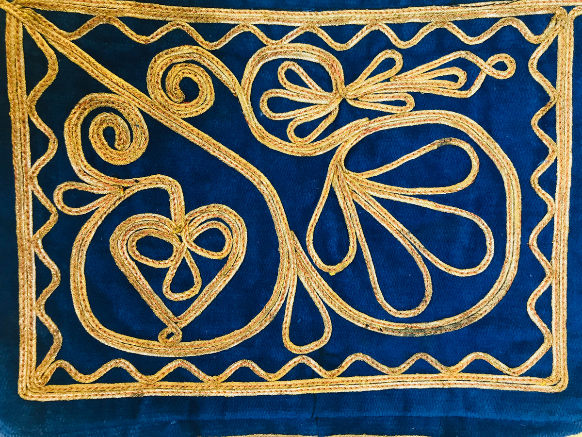 SOLD 1960s/70s Blue Velvet Gold Embroidered Handbag — vintage 1960s bag in gold, blue