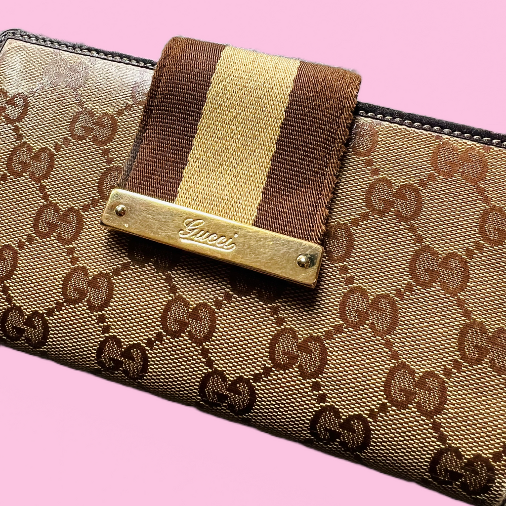 Gucci Gold & Brown Long Continental Vintage Wallet — vintage Gucci bag in gold, brown