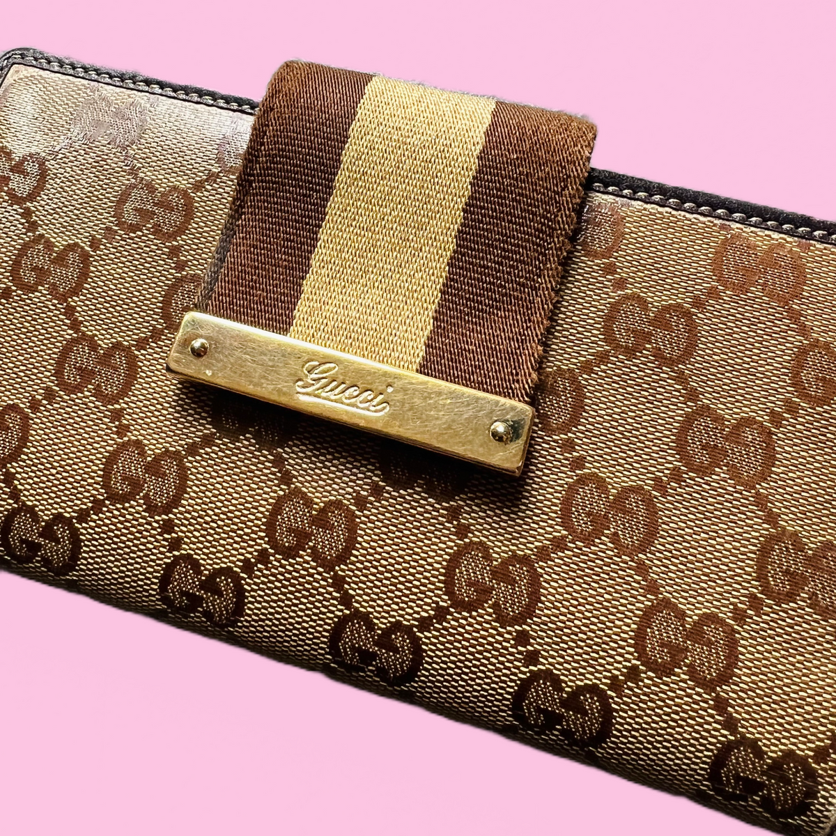 Gucci Gold & Brown Long Continental Vintage Wallet — vintage Gucci bag in gold, brown