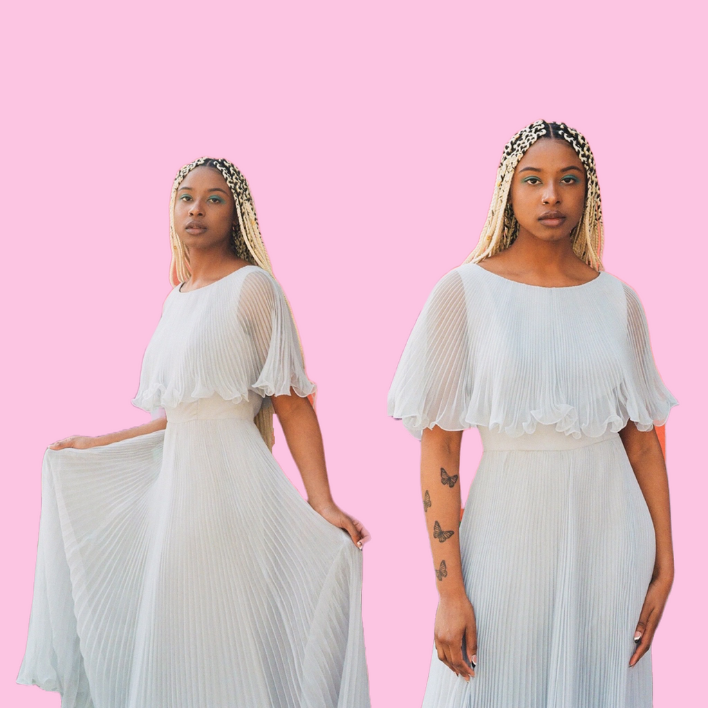 Miss Elliette 1960s crystal pleated maxi dress perfect for your next occasion.
