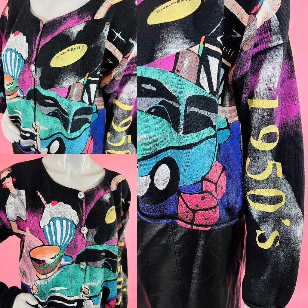 Hand Painted Kolorway 1950s Themed Cardigan Sweater — vintage 1950s Kolorway knit