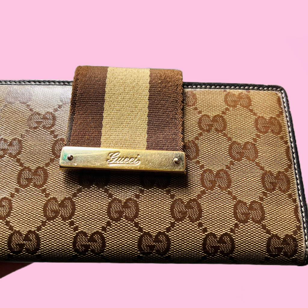 Gucci Gold & Brown Long Continental Vintage Wallet — vintage Gucci bag in gold, brown