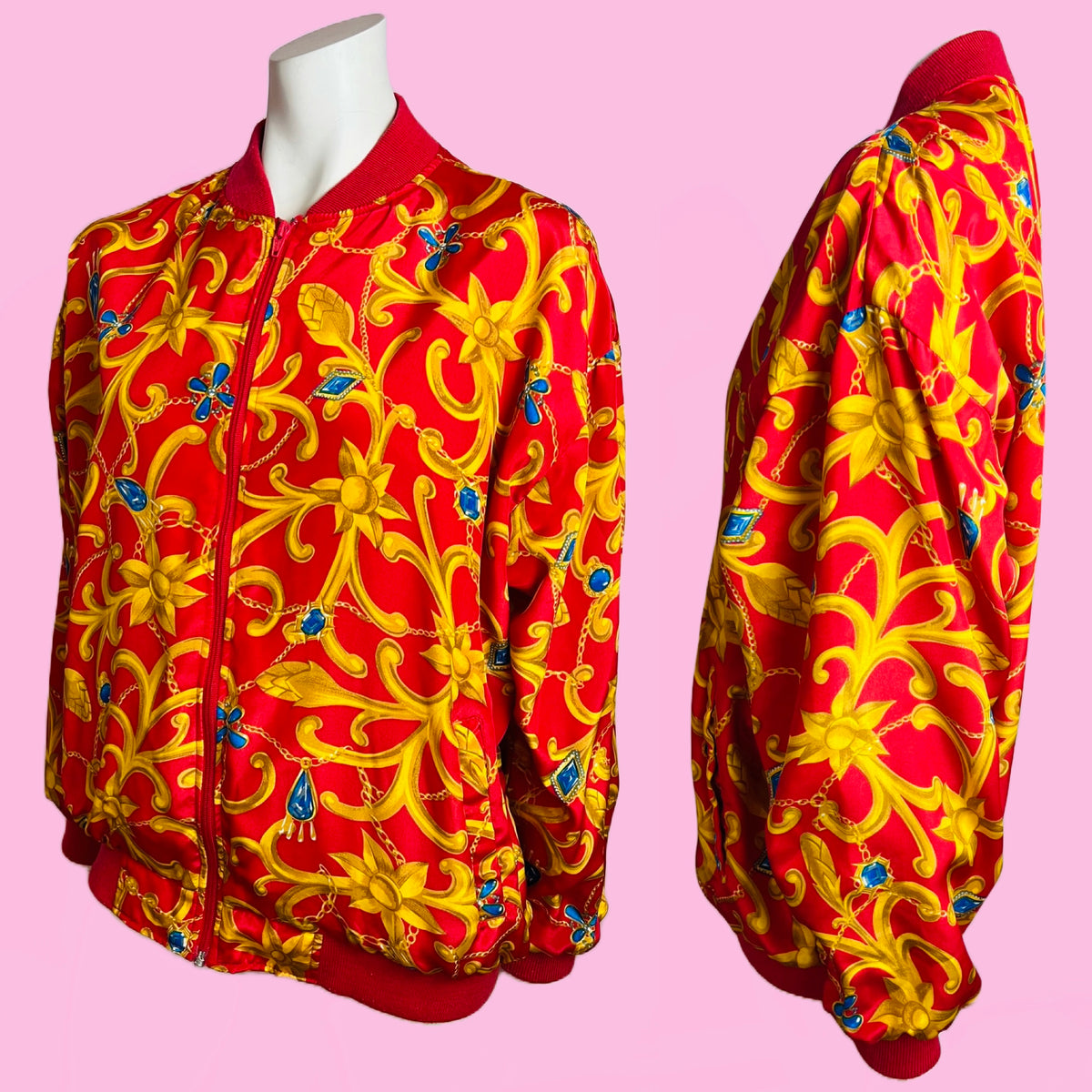 Gripoix Baroque Print Red Bomber Style 90s Jacket — vintage 1990s jacket in red