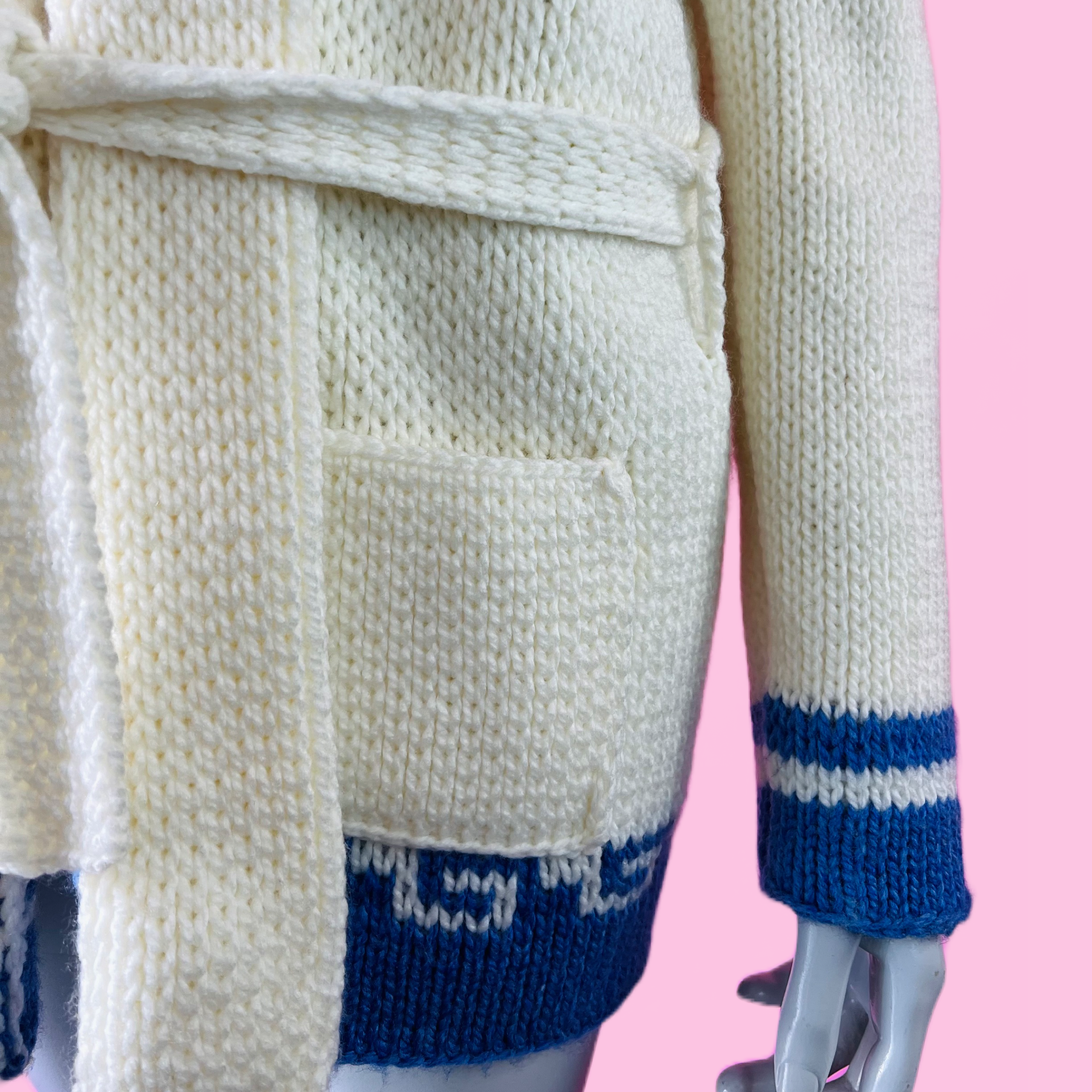 Blue & White Handknit Waves Wrap Sweater with Belt — vintage belt in white, blue