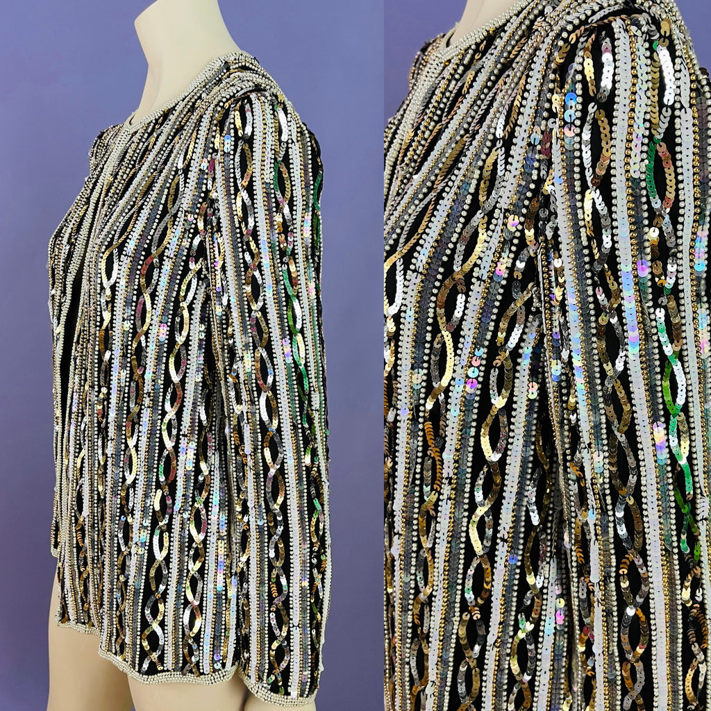 Infinity Sequin Pearl Silk Jacket — vintage Papéll Boutique Evening jacket in white, gold, silver