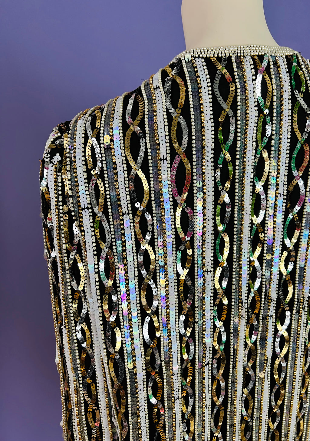 Infinity Sequin Pearl Silk Jacket — vintage Papéll Boutique Evening jacket in white, gold, silver