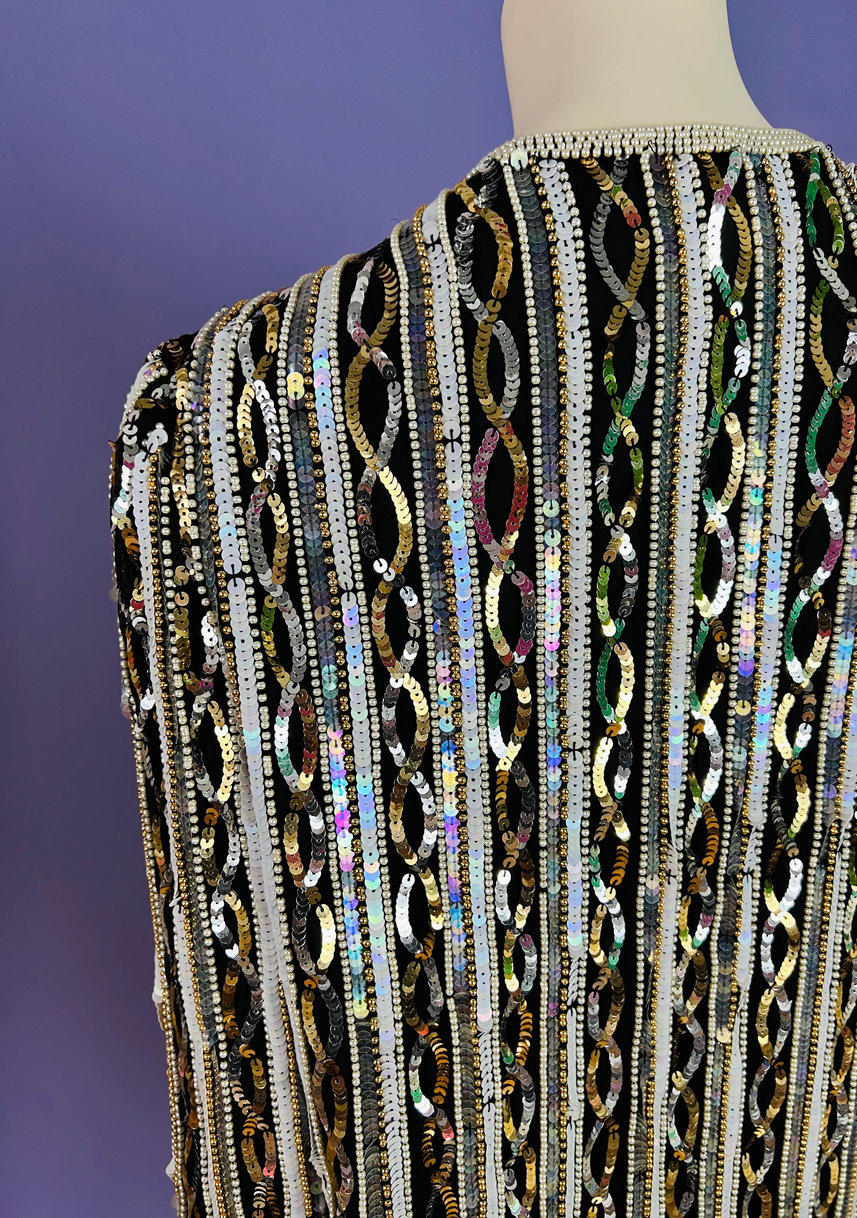 Infinity Sequin Pearl Silk Jacket — vintage Papéll Boutique Evening jacket in white, gold, silver