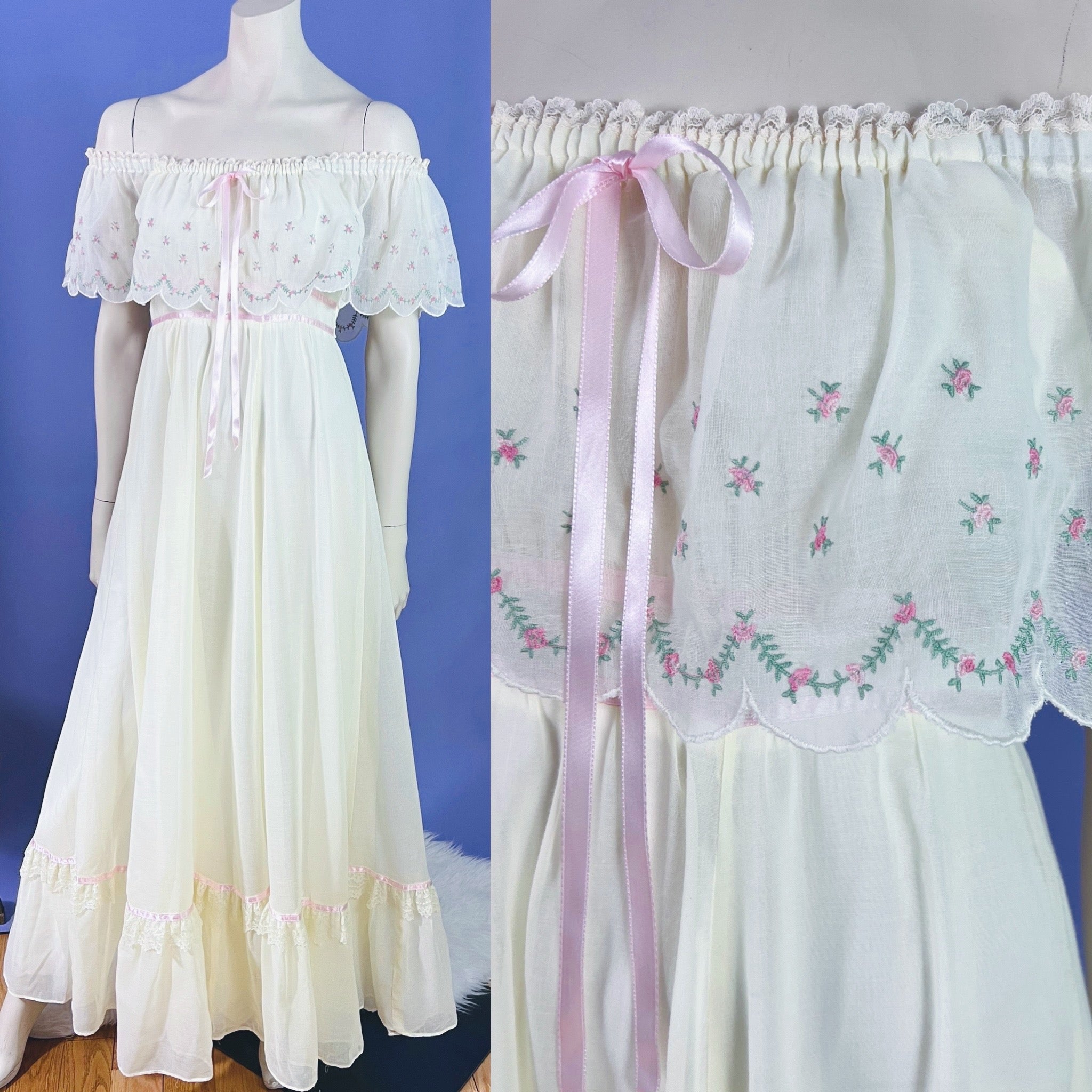 Ethereal Gunne Sax Off the Shoulder 1970s Maxi Dress — vintage 1970s Gunne Sax dress in pink