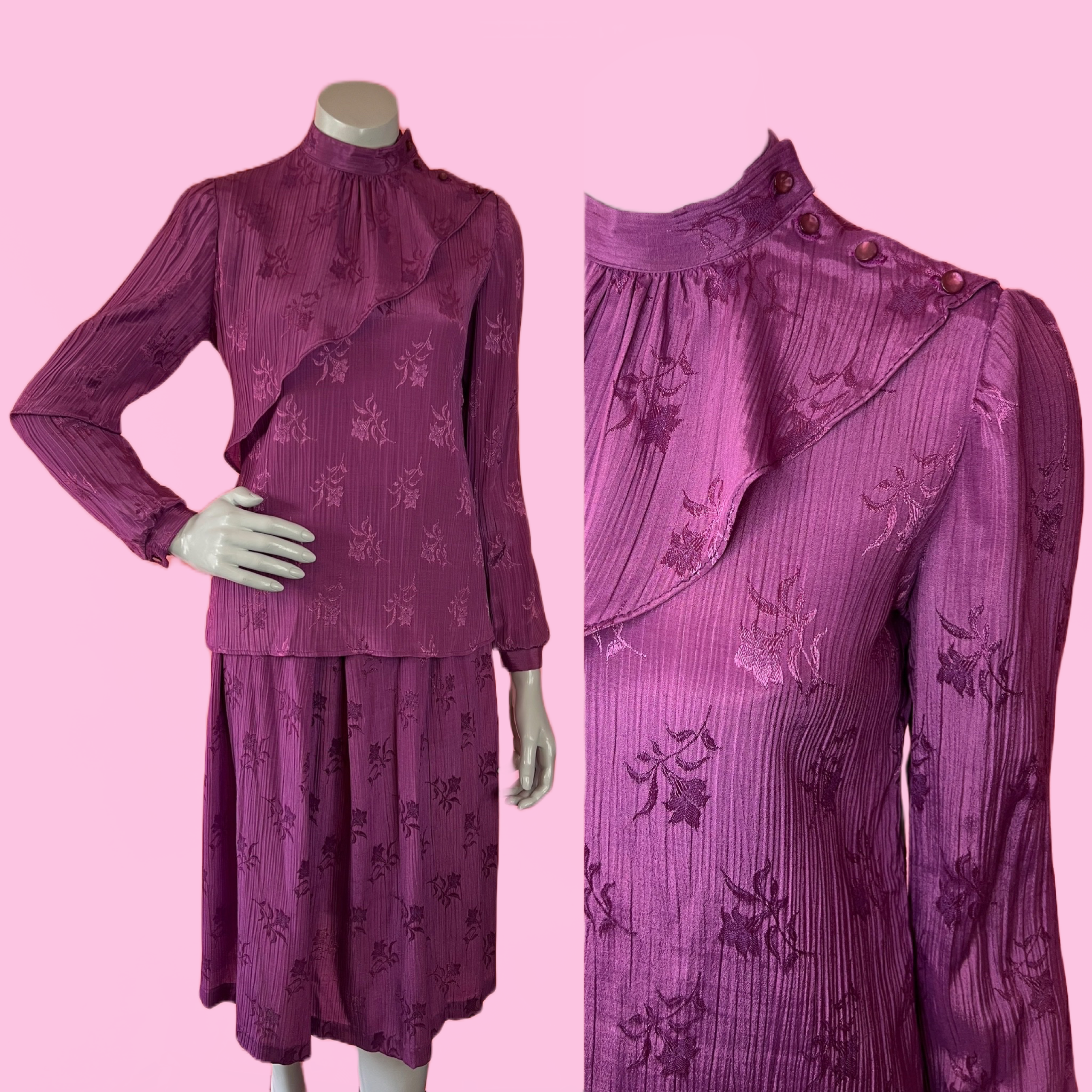 Plum 2 Piece 1970s Blouse & Skirt Ensemble Set — vintage 1970s Fritzi dress in purple