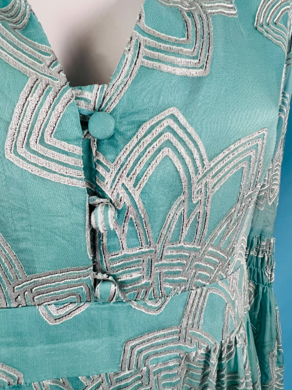 Nanette Lepore Flocked Velvet Silver & Blue Bell Sleeve Dress — vintage Nanette Lepore dress in silver, blue