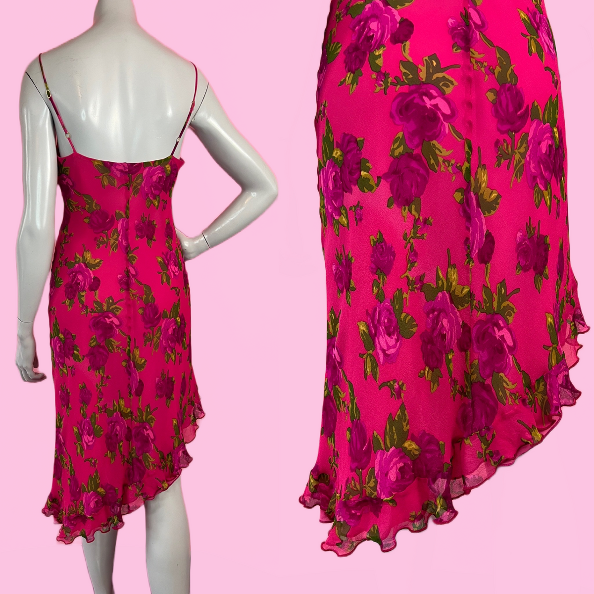 Magenta Pink Silk Rose Print Asymmetrical Hem 90s Betsey Johnson Dress — vintage 1990s Betsey Johnson dress in pink