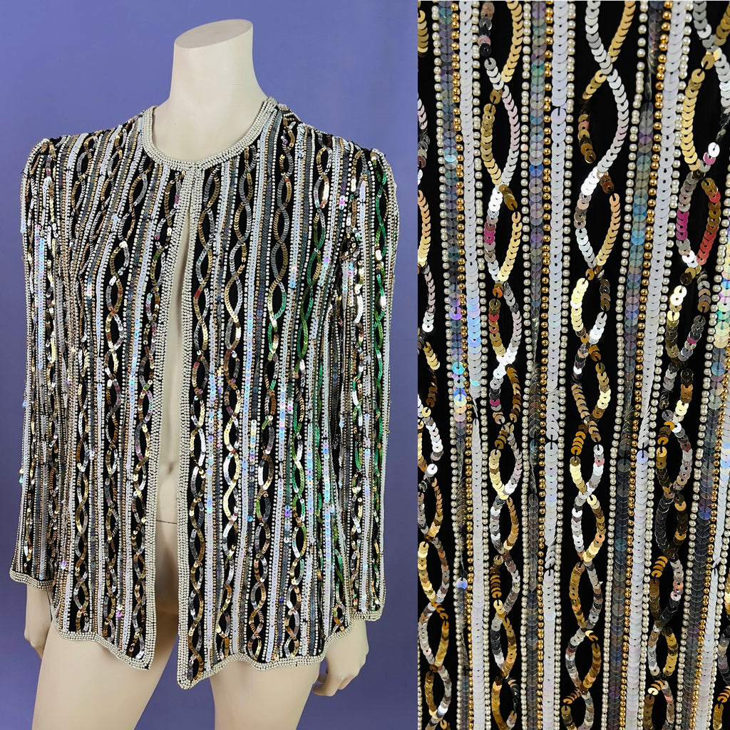Infinity Sequin Pearl Silk Jacket — vintage Papéll Boutique Evening jacket in white, gold, silver