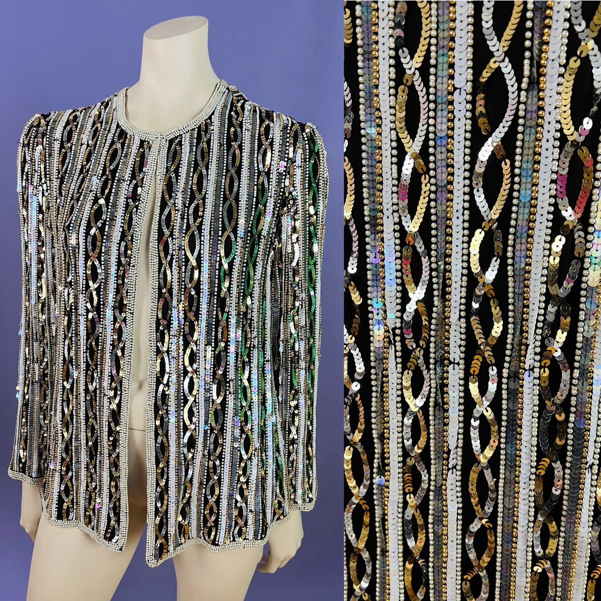 Infinity Sequin Pearl Silk Jacket — vintage Papéll Boutique Evening jacket in white, gold, silver