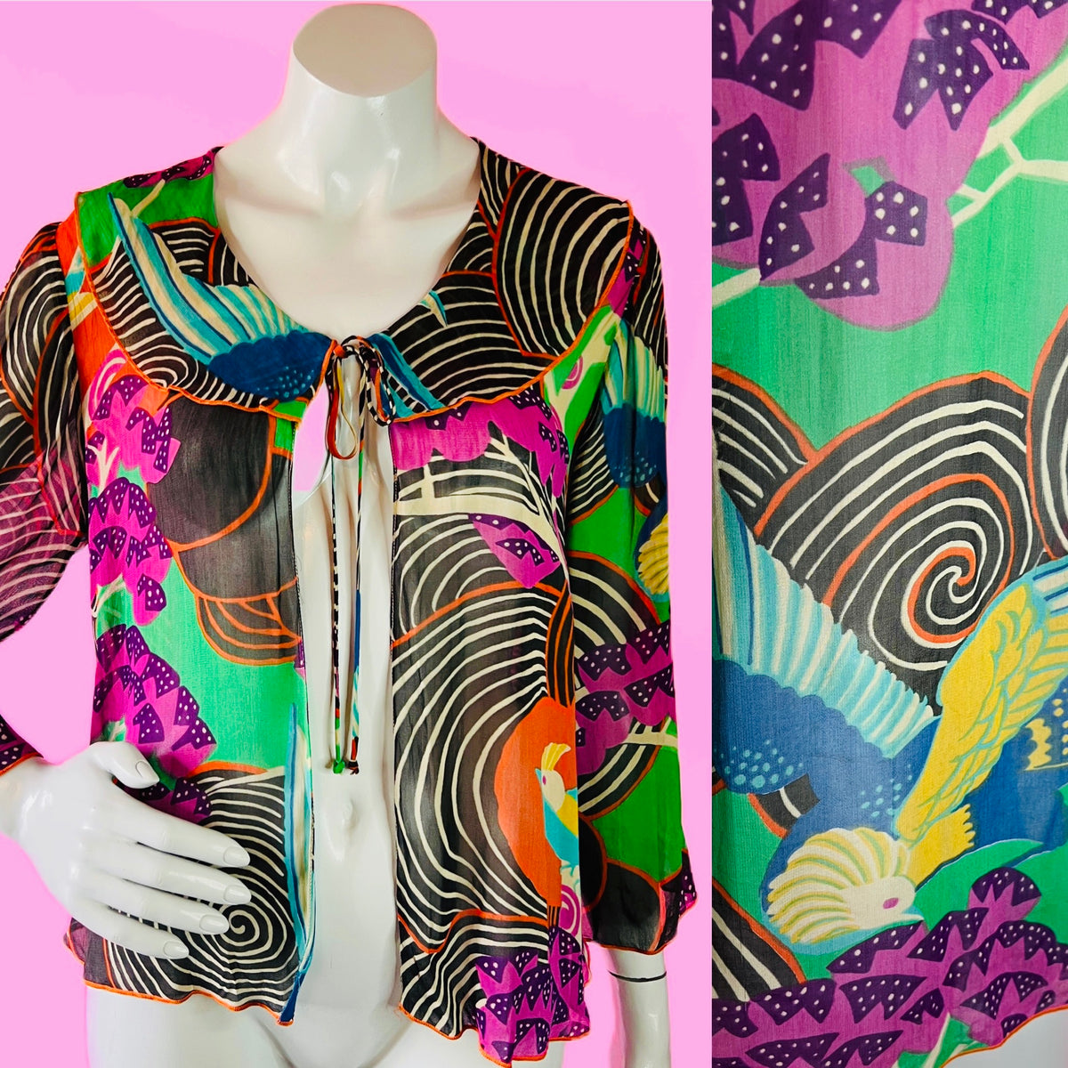 Renèe Helga Howie Bird Print Sheer Collared Top — vintage 1990s Renèe Helga Howie top