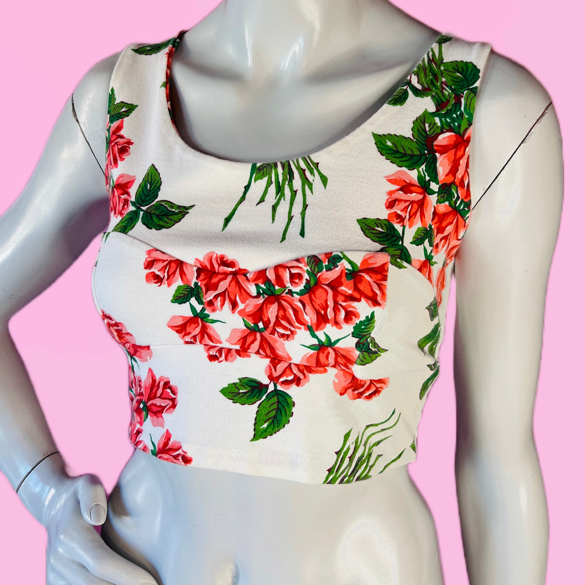 Roses Print Betsey Johnson Punk Label Crop Tank — vintage Betsey Johnson top in white, red, pink, green, blue
