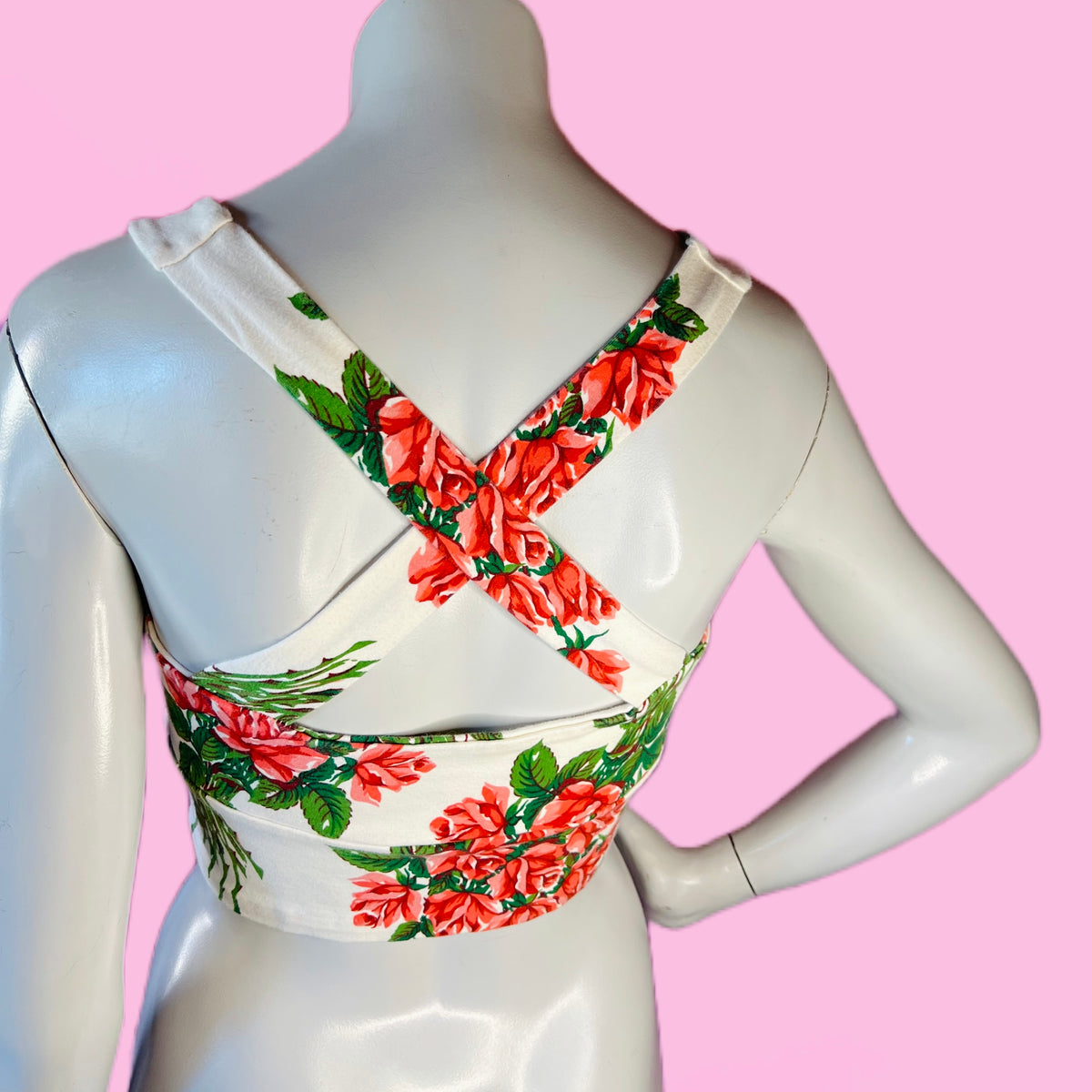 Roses Print Betsey Johnson Punk Label Crop Tank — vintage Betsey Johnson top in white, red, pink, green, blue