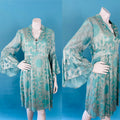 Nanette Lepore Flocked Velvet Silver & Blue Bell Sleeve Dress — vintage Nanette Lepore dress in silver, blue