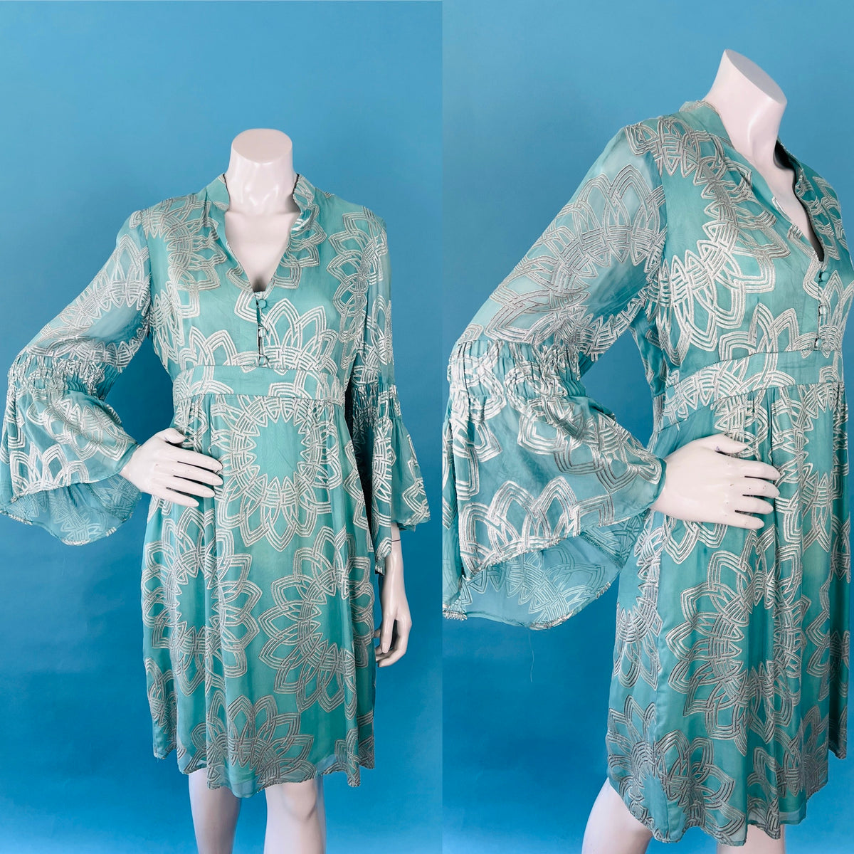 Nanette Lepore Flocked Velvet Silver & Blue Bell Sleeve Dress — vintage Nanette Lepore dress in silver, blue