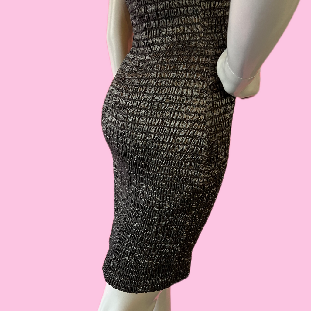 Betsey Johnson Gunmetal Ruched Punk Label Off the Shoulder Bodycon Dress — vintage Betsey Johnson dress in silver