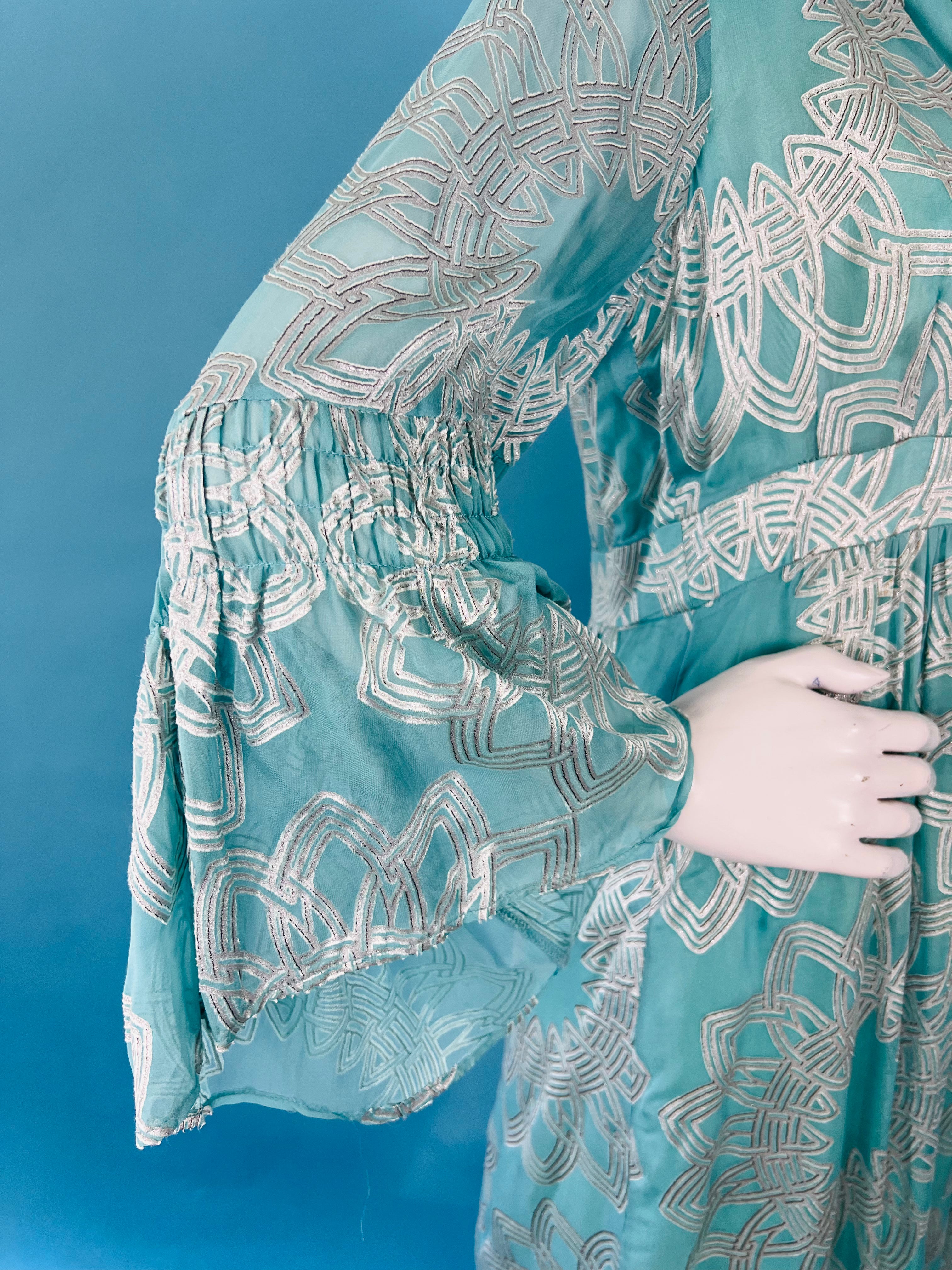 Nanette Lepore Flocked Velvet Silver & Blue Bell Sleeve Dress — vintage Nanette Lepore dress in silver, blue